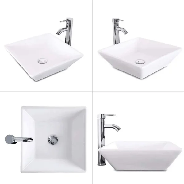 16.5" Square Bathroom Vessel Sink – Modern White Porcelain Counter Bowl - Image 3