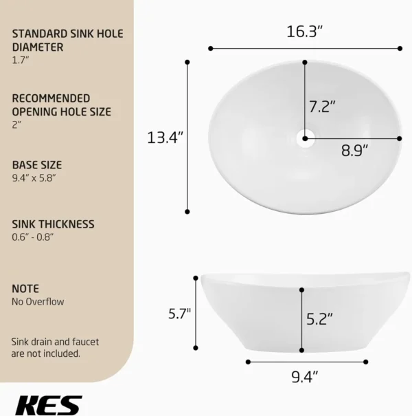 16" x 13" Countertop Oval Art Basin – Above Counter Ceramic Hand Wash Bathroom Sink Bowl - Image 7