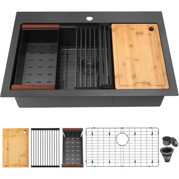 33'' Drop-In Workstation Single Bowl Stainless Steel Sink - Image 12