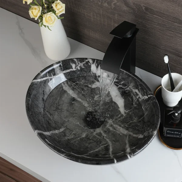 ZAPPO Marbling Rectangle Vessel Sink – Oval Ceramic Bathroom Sink with Mixer Tap - Image 4