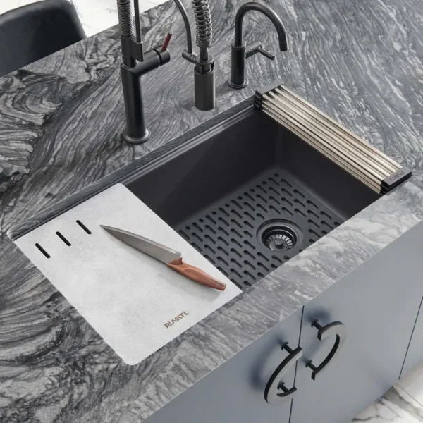 33" Black Workstation Kitchen Sink Granite Composite Undermount - Image 5