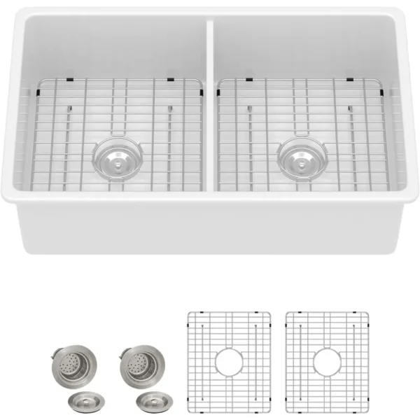 32'' White Double Bowl Undermount Kitchen Ceramic Porcelain Sink - Image 2