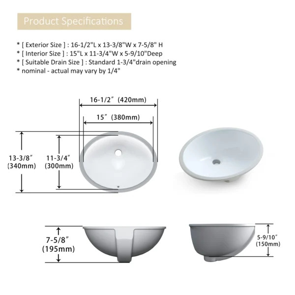 MEJE Undermount Oval Bathroom Sink – Ceramic White Vanity Top Sink with Overflow - Image 4