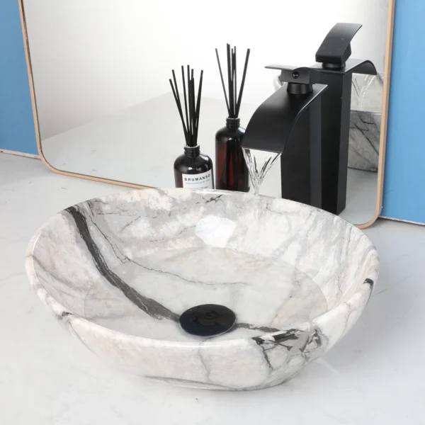 ZAPPO Marbling Rectangle Vessel Sink – Oval Ceramic Bathroom Sink with Mixer Tap - Image 27