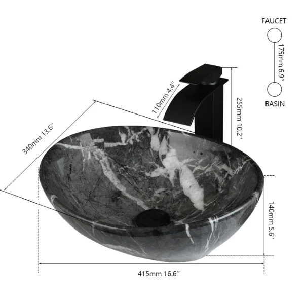 ZAPPO Marbling Rectangle Vessel Sink – Oval Ceramic Bathroom Sink with Mixer Tap - Image 2