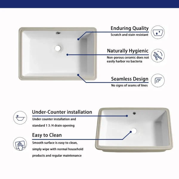 1pc Undermount Sink Bathroom Rectangular – 19"x13" White Porcelain Ceramic Rectangle Vessel Sink - Image 3
