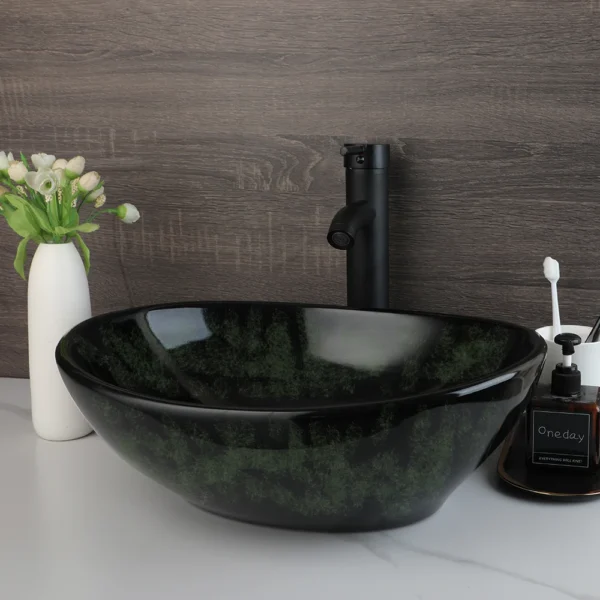 ZAPPO Marbling Rectangle Vessel Sink – Oval Ceramic Bathroom Sink with Mixer Tap - Image 17