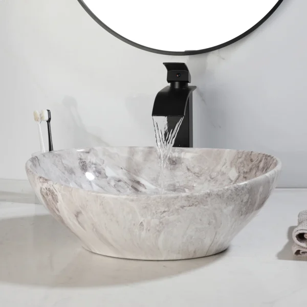 ZAPPO Marbling Rectangle Vessel Sink – Oval Ceramic Bathroom Sink with Mixer Tap - Image 21