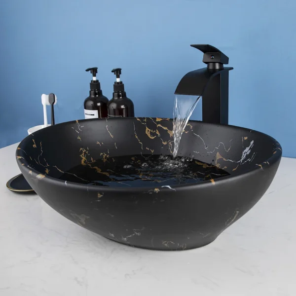 ZAPPO Marbling Rectangle Vessel Sink – Oval Ceramic Bathroom Sink with Mixer Tap - Image 22