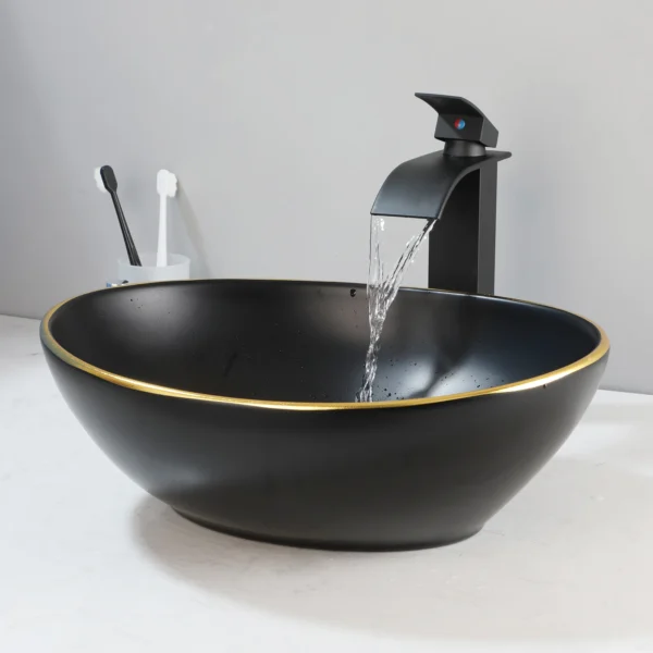 ZAPPO Marbling Rectangle Vessel Sink – Oval Ceramic Bathroom Sink with Mixer Tap - Image 24