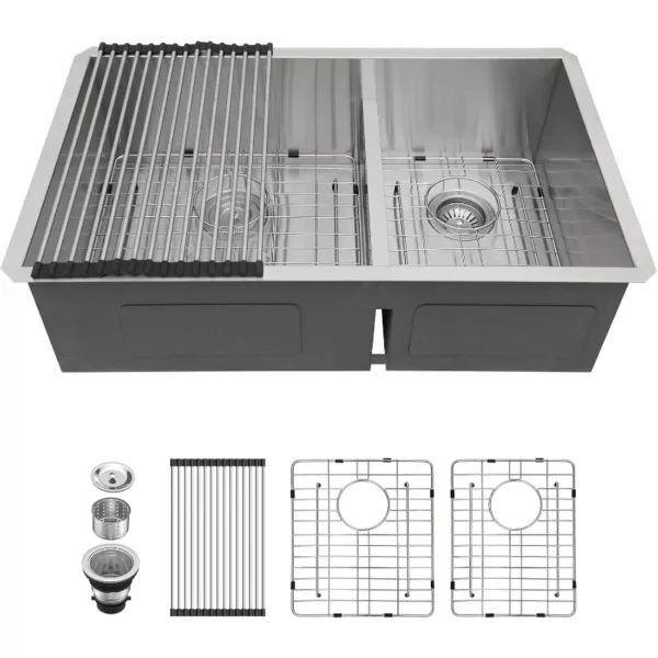 32'' Undermount Double Bowl Stainless Steel Sink with Low Divider