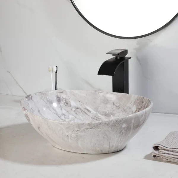 ZAPPO Marbling Rectangle Vessel Sink – Oval Ceramic Bathroom Sink with Mixer Tap - Image 19
