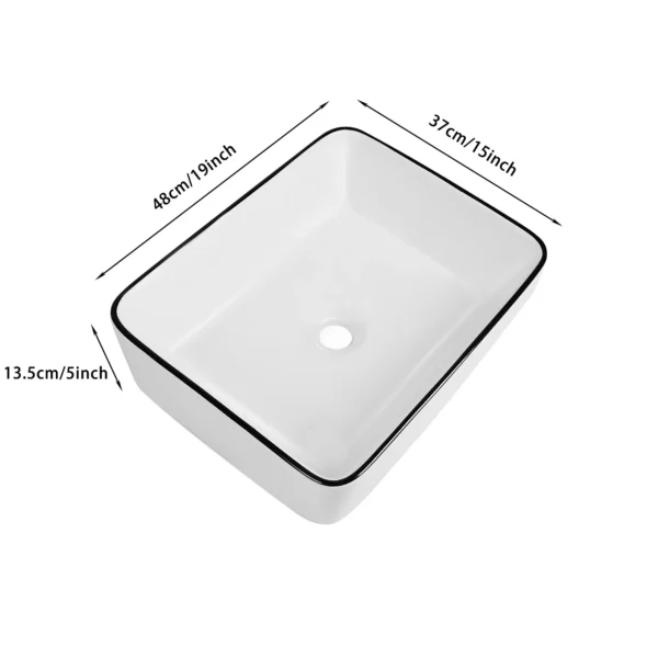 Ceramic Rectangular Bathroom Vessel Sink – 19'' x 15'' Porcelain Above Counter Sink with White Body and Black Trim - Image 3