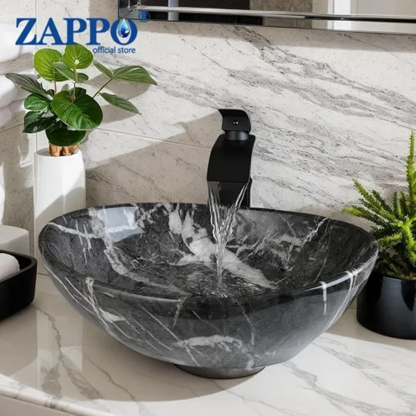 ZAPPO Marbling Rectangle Vessel Sink – Oval Ceramic Bathroom Sink with Mixer Tap