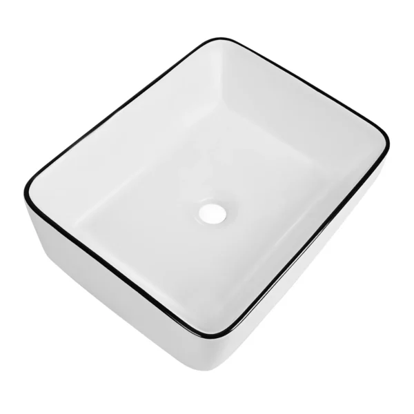 Ceramic Rectangular Bathroom Vessel Sink – 19'' x 15'' Porcelain Above Counter Sink with White Body and Black Trim - Image 2