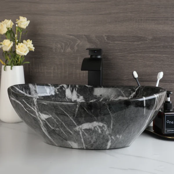 ZAPPO Marbling Rectangle Vessel Sink – Oval Ceramic Bathroom Sink with Mixer Tap - Image 5