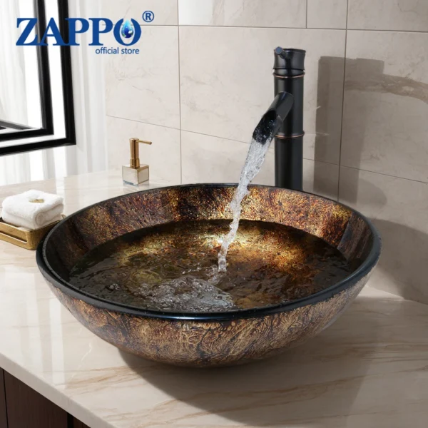 ZAPPO Bathroom Washbasin Round Tempered Glass Vessel Sink Faucet Set – Waterfall Mixer Tap Combo