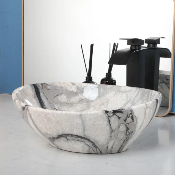 ZAPPO Marbling Rectangle Vessel Sink – Oval Ceramic Bathroom Sink with Mixer Tap - Image 7