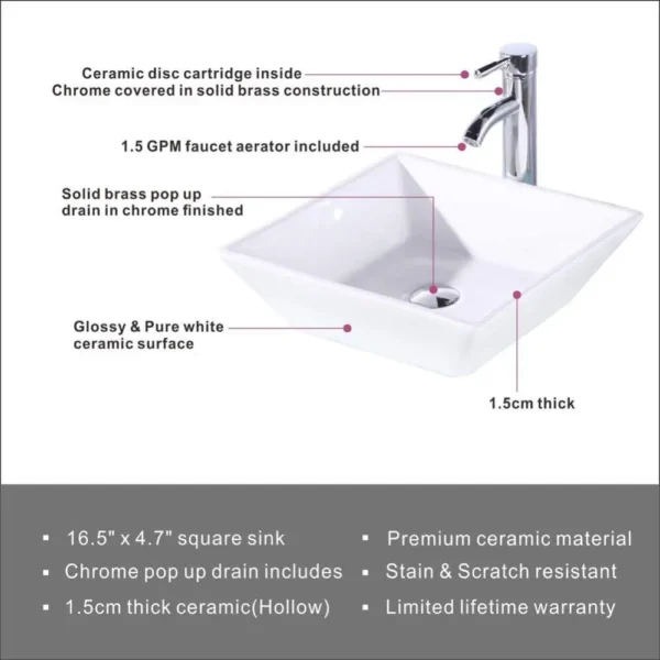 16.5" Square Bathroom Vessel Sink – Modern White Porcelain Counter Bowl - Image 6