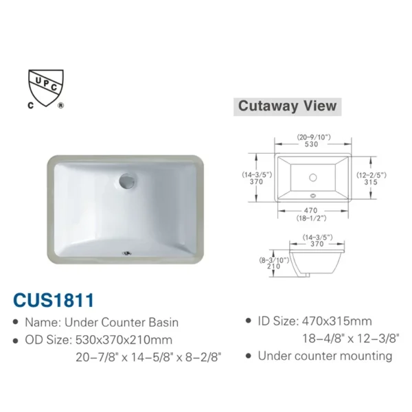 Modern 18"x11" Rectangular Undermount Bathroom Sink – Porcelain Ceramic Under Counter Lavatory - Image 5
