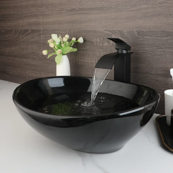ZAPPO Marbling Rectangle Vessel Sink – Oval Ceramic Bathroom Sink with Mixer Tap - Image 8