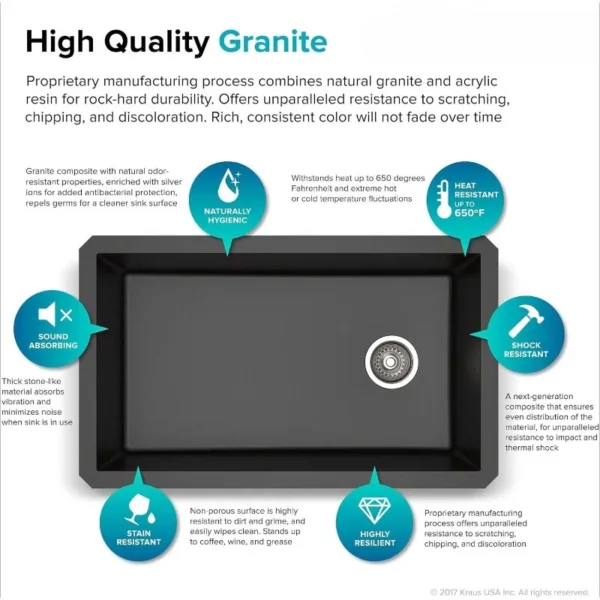 32" Undermount Single Bowl Granite Kitchen Sink - Image 3