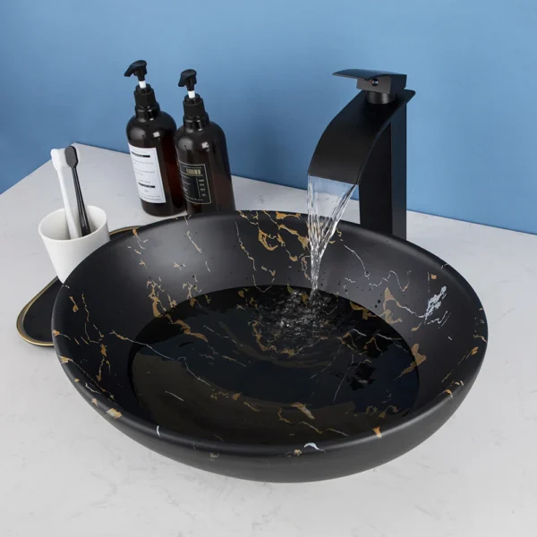 ZAPPO Marbling Rectangle Vessel Sink – Oval Ceramic Bathroom Sink with Mixer Tap - Image 23