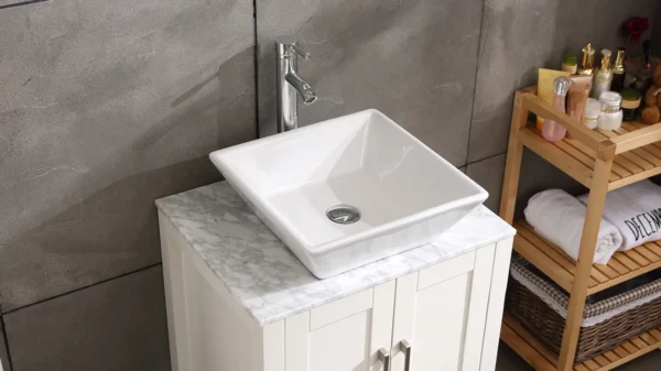 16.5" Square Bathroom Vessel Sink – Modern White Porcelain Counter Bowl - Image 2