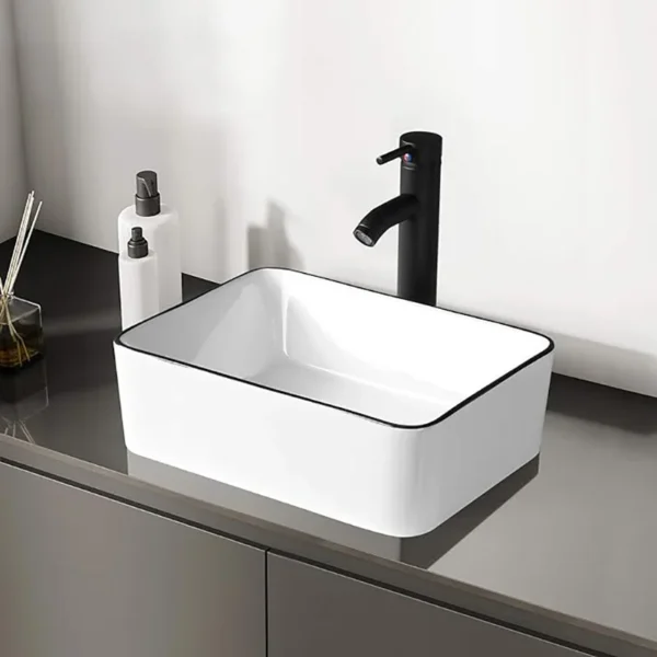 Ceramic Rectangular Bathroom Vessel Sink – 19'' x 15'' Porcelain Above Counter Sink with White Body and Black Trim - Image 4