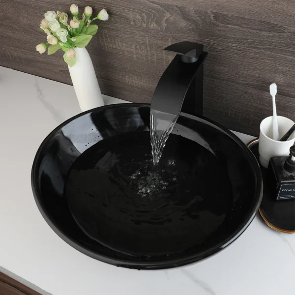 ZAPPO Marbling Rectangle Vessel Sink – Oval Ceramic Bathroom Sink with Mixer Tap - Image 9