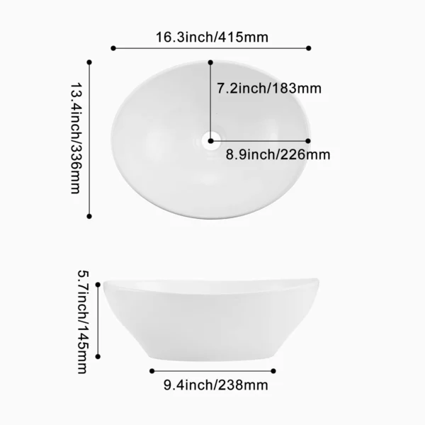 16" x 13" Countertop Oval Art Basin – Above Counter Ceramic Hand Wash Bathroom Sink Bowl - Image 4