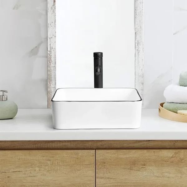 Ceramic Rectangular Bathroom Vessel Sink – 19'' x 15'' Porcelain Above Counter Sink with White Body and Black Trim