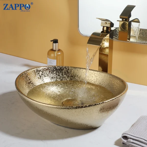 ZAPPO Marbling Rectangle Vessel Sink – Oval Ceramic Bathroom Sink with Mixer Tap - Image 10