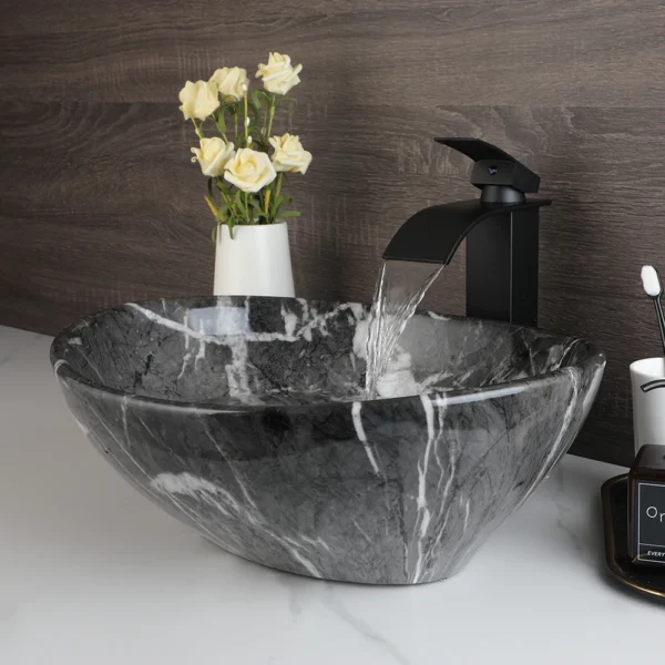 ZAPPO Marbling Rectangle Vessel Sink – Oval Ceramic Bathroom Sink with Mixer Tap - Image 3