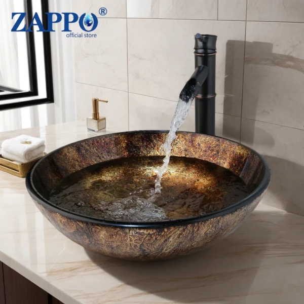 ZAPPO Bathroom Washbasin Round Tempered Glass Vessel Sink Faucet Set – Waterfall Mixer Tap Combo - Image 4