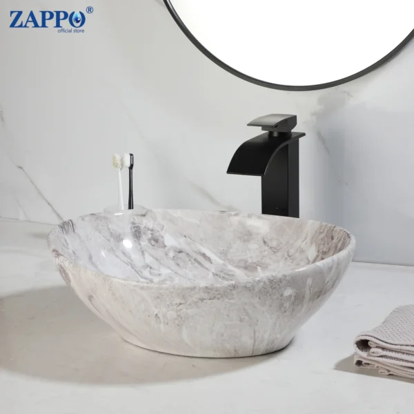 ZAPPO Marbling Rectangle Vessel Sink – Oval Ceramic Bathroom Sink with Mixer Tap - Image 11