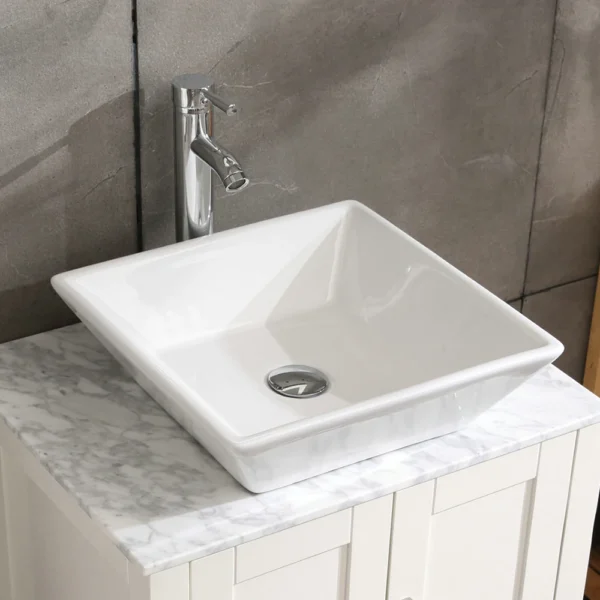 16.5" Square Bathroom Vessel Sink – Modern White Porcelain Counter Bowl - Image 4