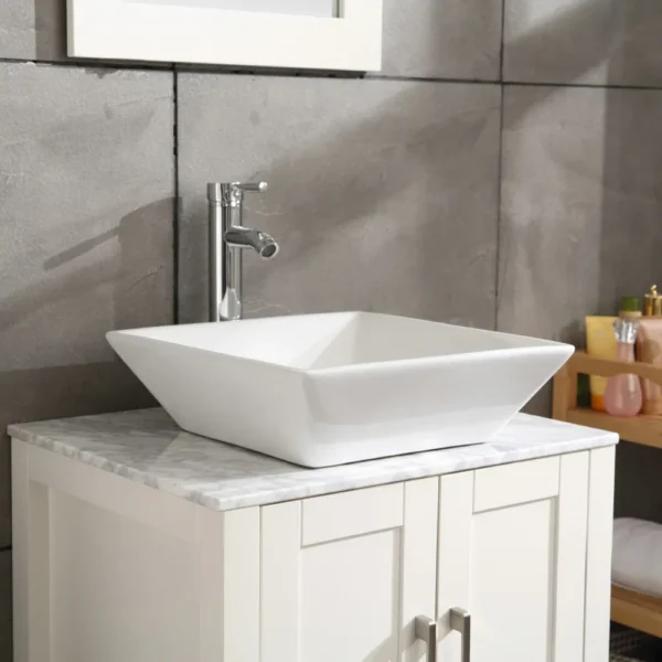 16.5" Square Bathroom Vessel Sink – Modern White Porcelain Counter Bowl - Image 5