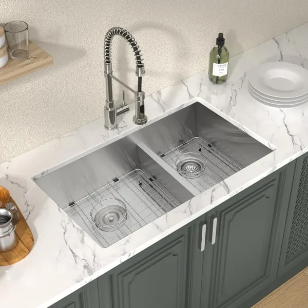 32'' Undermount Double Bowl Stainless Steel Sink with Low Divider - Image 2