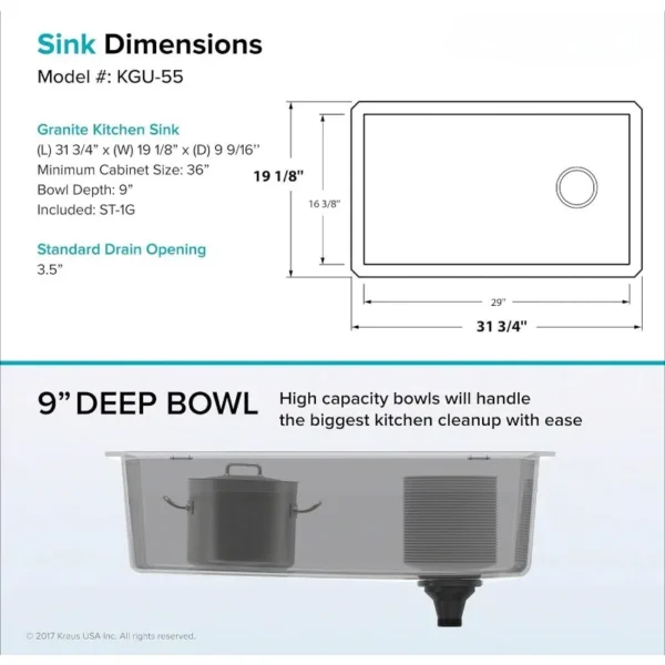32" Undermount Single Bowl Granite Kitchen Sink - Image 5