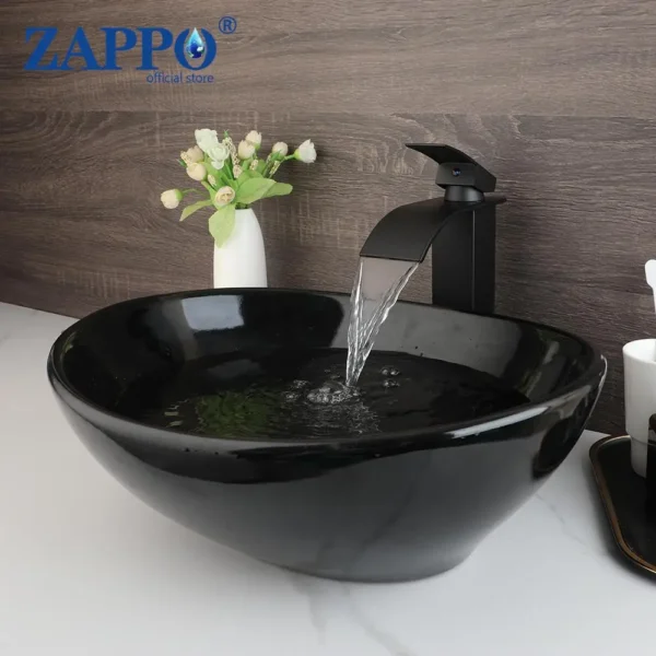ZAPPO Marbling Rectangle Vessel Sink – Oval Ceramic Bathroom Sink with Mixer Tap - Image 14