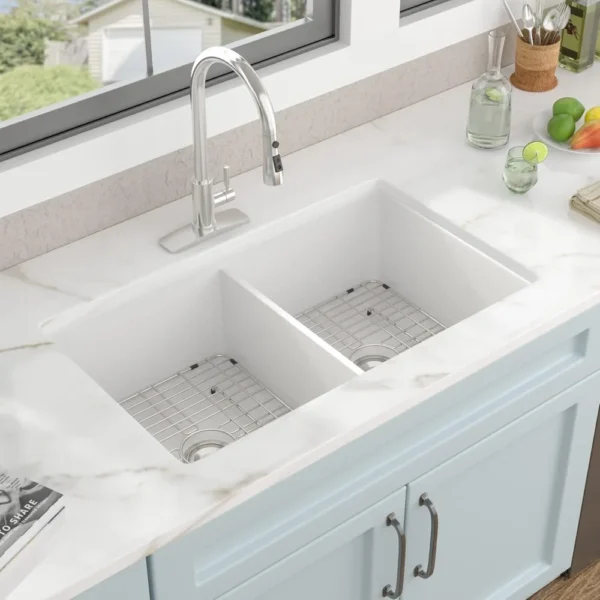 32'' White Double Bowl Undermount Kitchen Ceramic Porcelain Sink