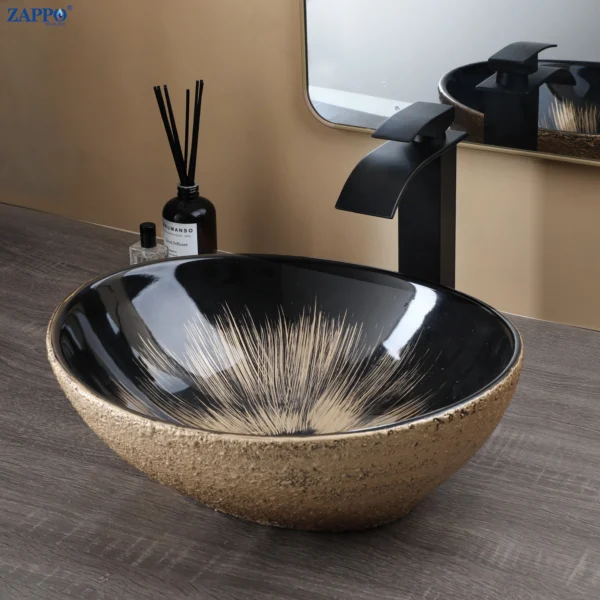 ZAPPO Marbling Rectangle Vessel Sink – Oval Ceramic Bathroom Sink with Mixer Tap - Image 12